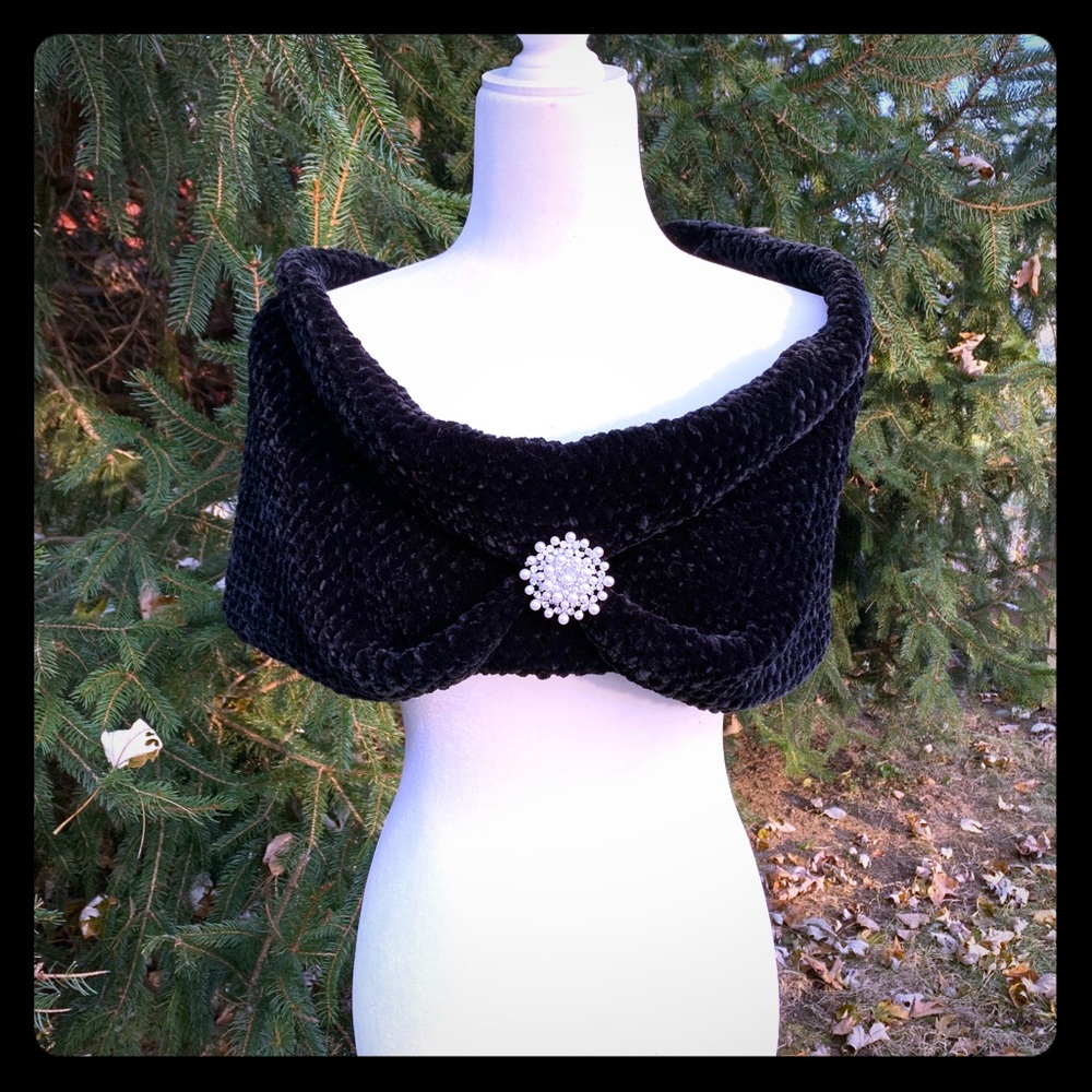 Crocheted black velvet shawl